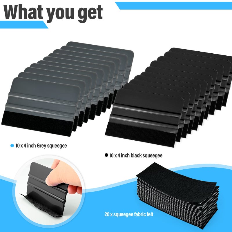 Gomake 20 Pack Vinyl Squeegee Tool with 20PCS Squeegee Felt Fabric for Vinyl Tint Film Decal Squeegee Application Tool Vinyl Wrap Installation Wallpaper Smooth Tool (Black and Grey, 20) - Image 2